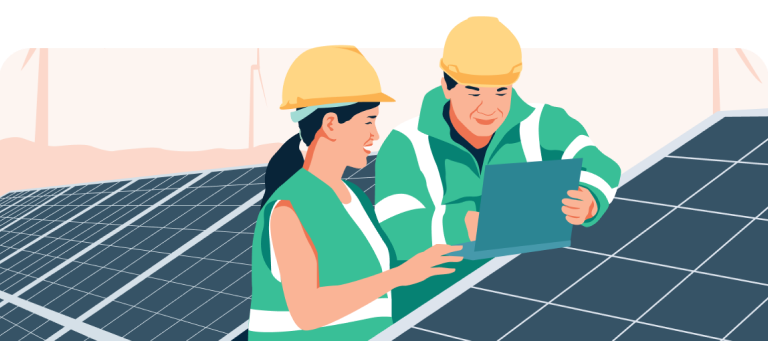 2 workers with hard hats looking at solar panels